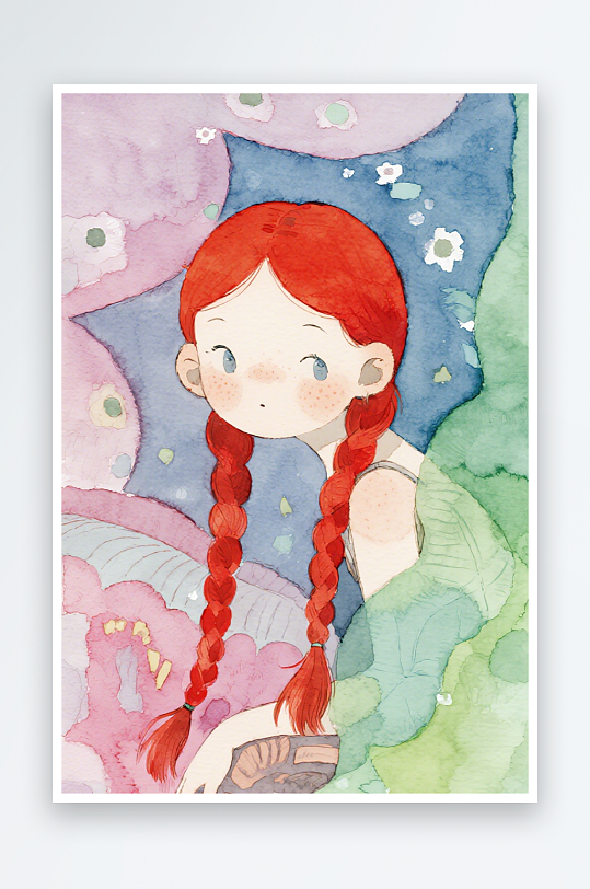 一个扎着超长的红色麻花辫的女生插画风格甜-众图网