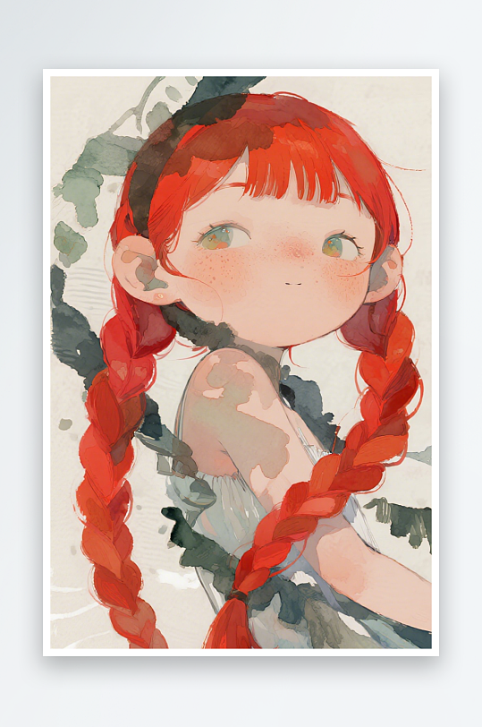 一个扎着超长的红色麻花辫的女生插画风格甜-众图网
