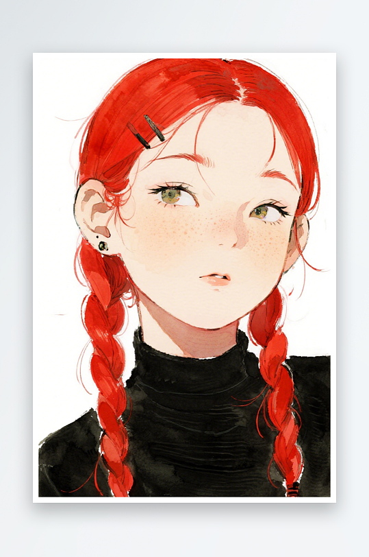 一个扎着超长的红色麻花辫的女生插画风格甜-众图网