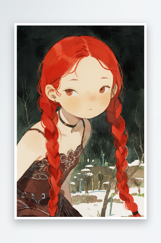 一个扎着超长的红色麻花辫的女生插画风格甜-众图网