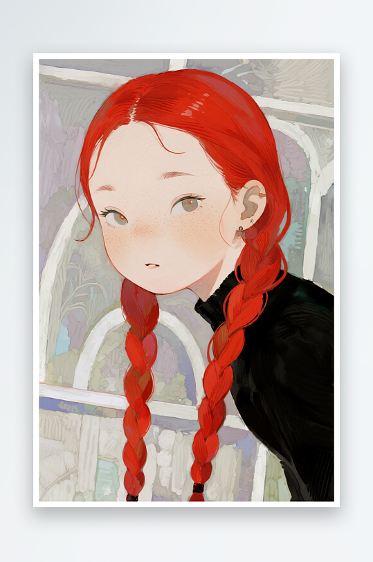 一个扎着超长的红色麻花辫的女生插画风格甜-众图网