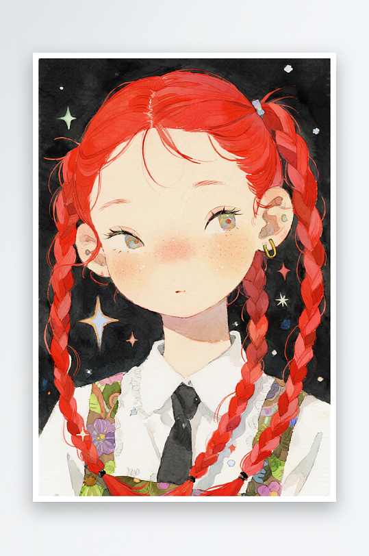 一个扎着超长的红色麻花辫的女生插画风格甜-众图网