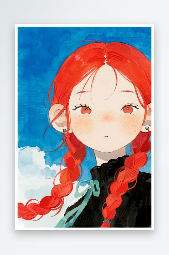 一个扎着超长的红色麻花辫的女生插画风格甜-众图网