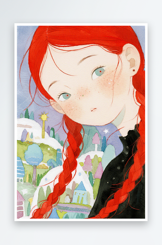 一个扎着超长的红色麻花辫的女生插画风格甜-众图网