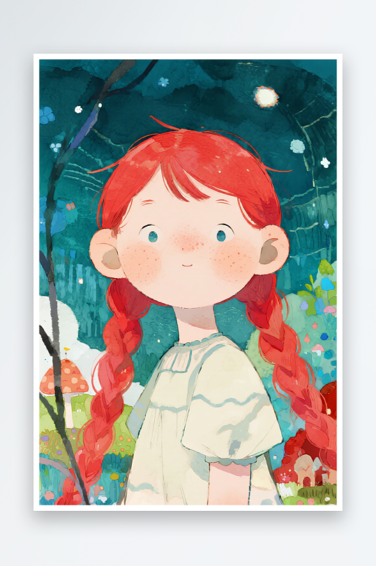 一个扎着超长的红色麻花辫的女生插画风格甜-众图网