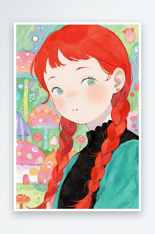 一个扎着超长的红色麻花辫的女生插画风格甜-众图网