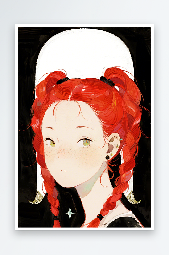一个扎着超长的红色麻花辫的女生插画风格甜-众图网