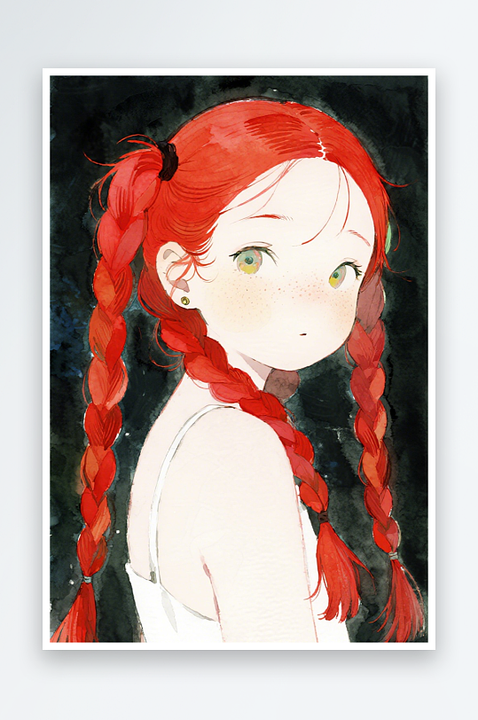 一个扎着超长的红色麻花辫的女生插画风格甜-众图网