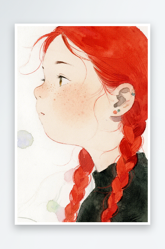 一个扎着超长的红色麻花辫的女生插画风格甜-众图网