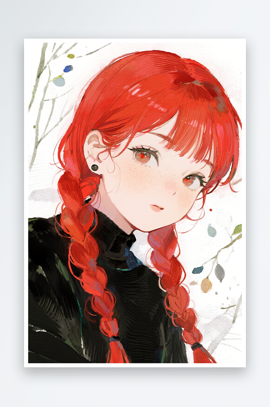 一个扎着超长的红色麻花辫的女生插画风格甜-众图网