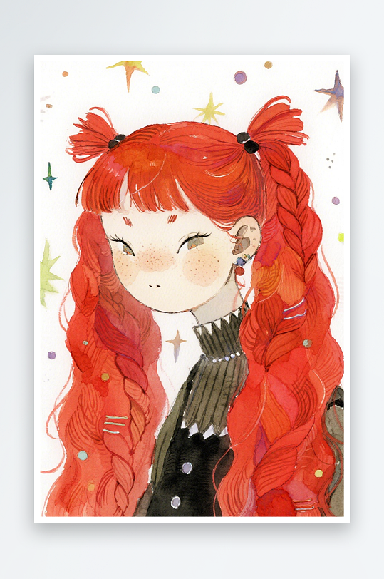 一个扎着超长的红色麻花辫的女生插画风格甜-众图网