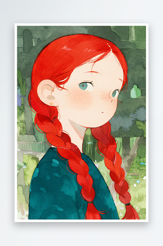 一个扎着超长的红色麻花辫的女生插画风格甜-众图网