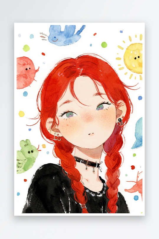 一个扎着超长的红色麻花辫的女生插画风格甜-众图网