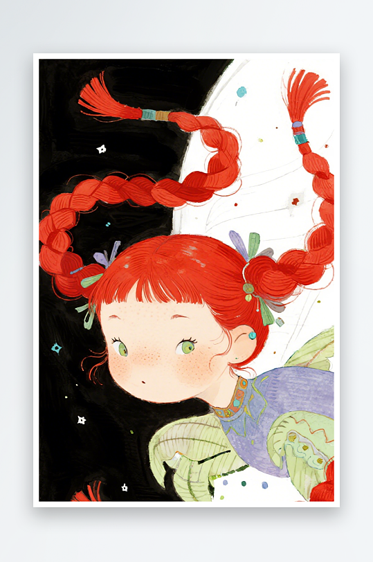 一个扎着超长的红色麻花辫的女生插画风格甜-众图网