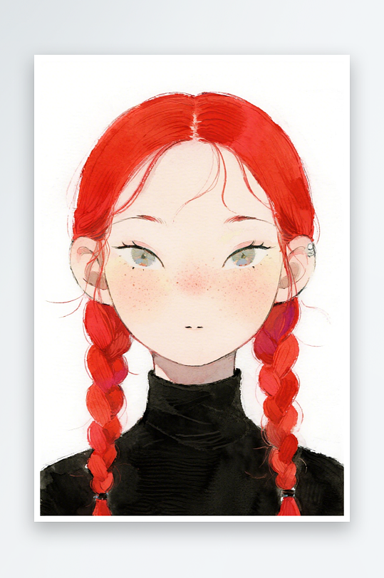 一个扎着超长的红色麻花辫的女生插画风格甜-众图网
