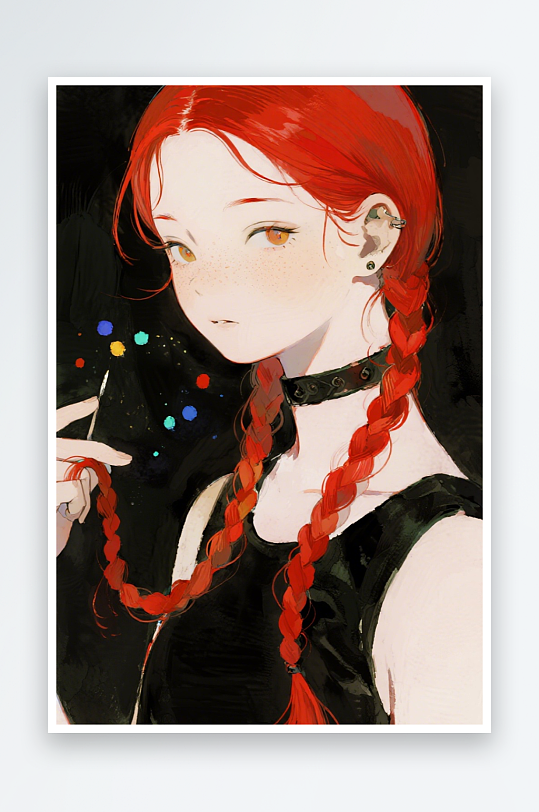 一个扎着超长的红色麻花辫的女生插画风格甜-众图网