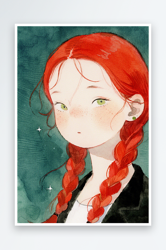 一个扎着超长的红色麻花辫的女生插画风格甜-众图网