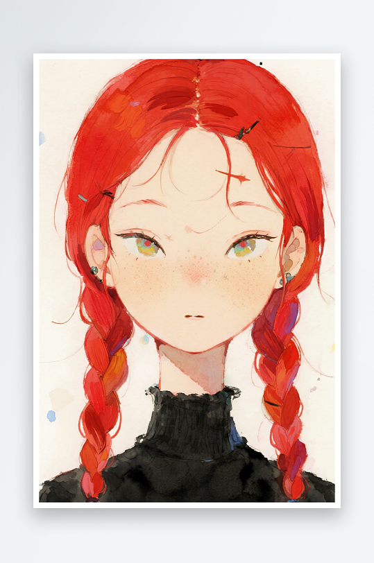 一个扎着超长的红色麻花辫的女生插画风格甜-众图网