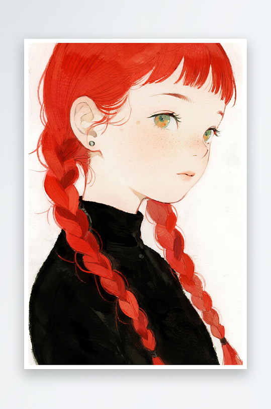一个扎着超长的红色麻花辫的女生插画风格甜-众图网