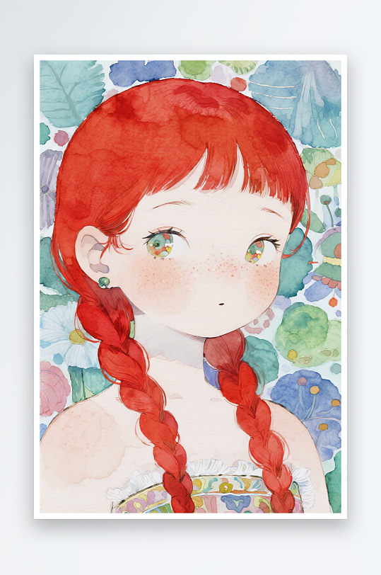 一个扎着超长的红色麻花辫的女生插画风格甜-众图网