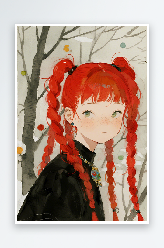 一个扎着超长的红色麻花辫的女生插画风格甜-众图网