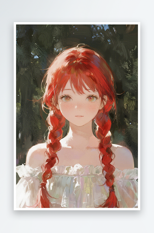 一个扎着超长的红色麻花辫的女生插画风格甜-众图网