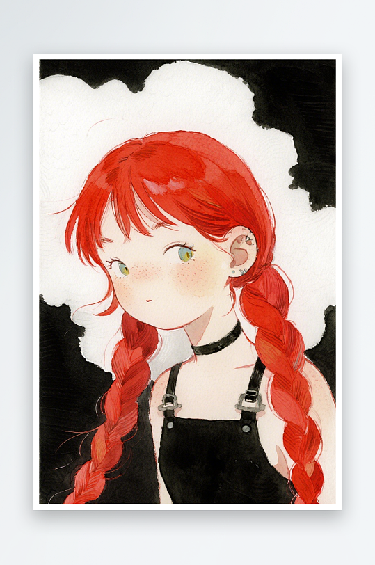 一个扎着超长的红色麻花辫的女生插画风格甜-众图网