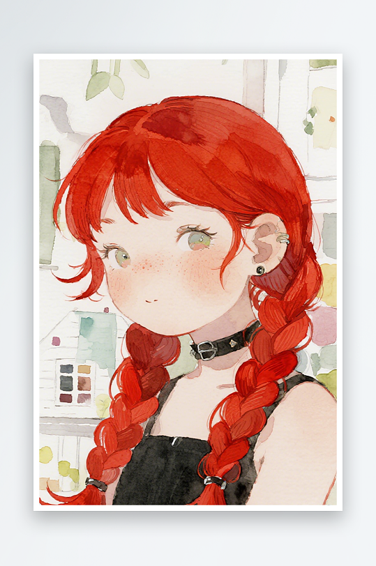 一个扎着超长的红色麻花辫的女生插画风格甜-众图网