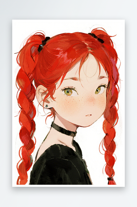 一个扎着超长的红色麻花辫的女生插画风格甜-众图网