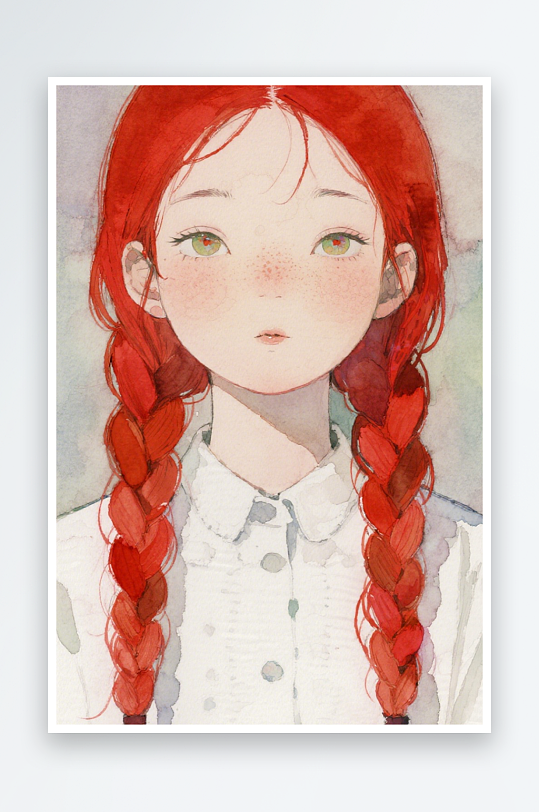 一个扎着超长的红色麻花辫的女生插画风格甜-众图网