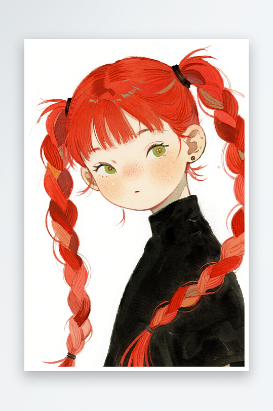 一个扎着超长的红色麻花辫的女生插画风格甜-众图网