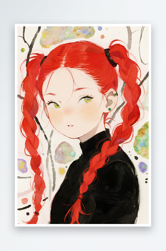 一个扎着超长的红色麻花辫的女生插画风格甜-众图网