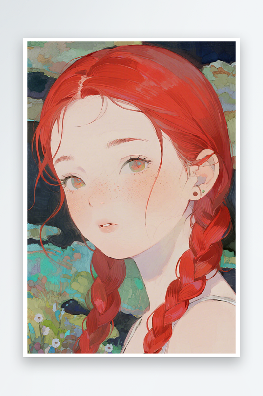 一个扎着超长的红色麻花辫的女生插画风格甜-众图网