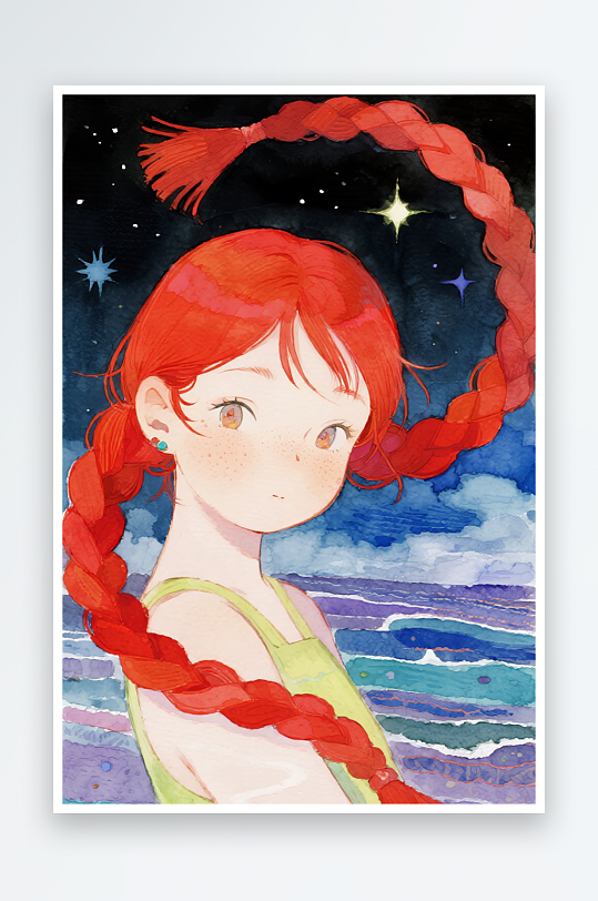 一个扎着超长的红色麻花辫的女生插画风格甜-众图网