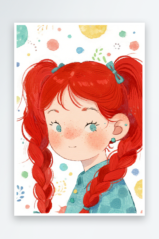 一个扎着超长的红色麻花辫的女生插画风格甜-众图网