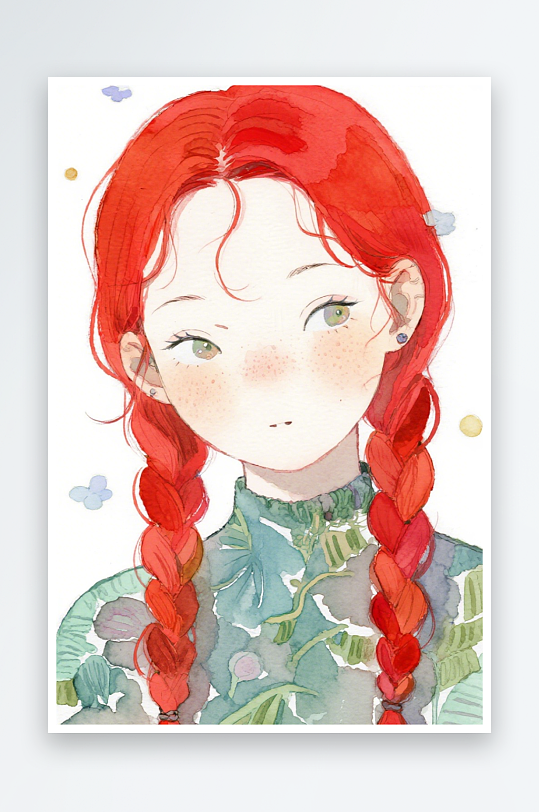一个扎着超长的红色麻花辫的女生插画风格甜-众图网