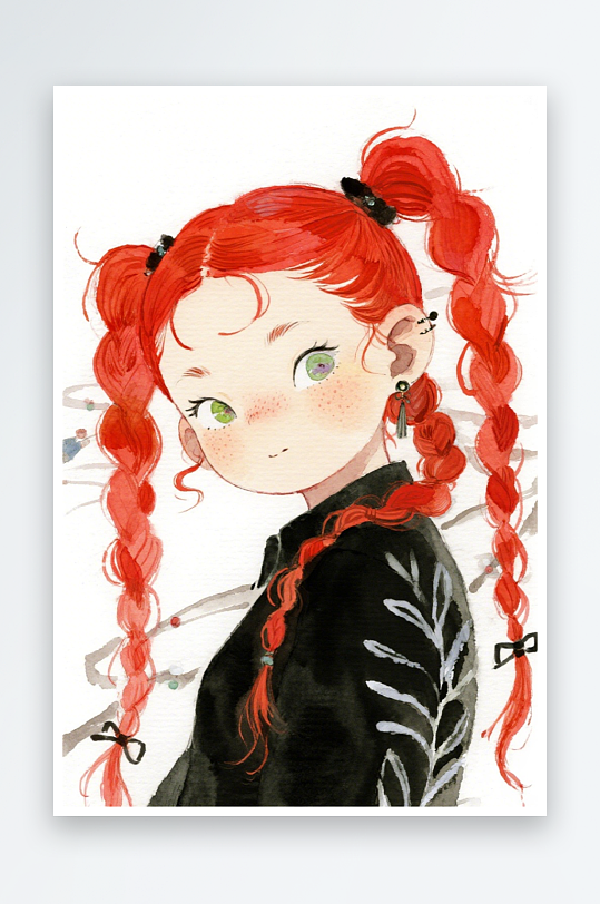 一个扎着超长的红色麻花辫的女生插画风格甜-众图网
