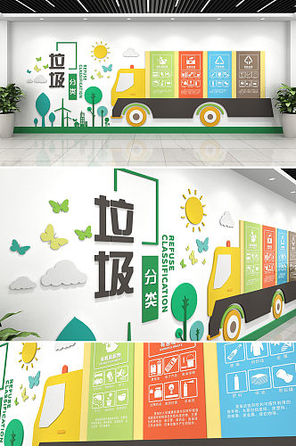 绿色卡通垃圾分类车环保文化墙