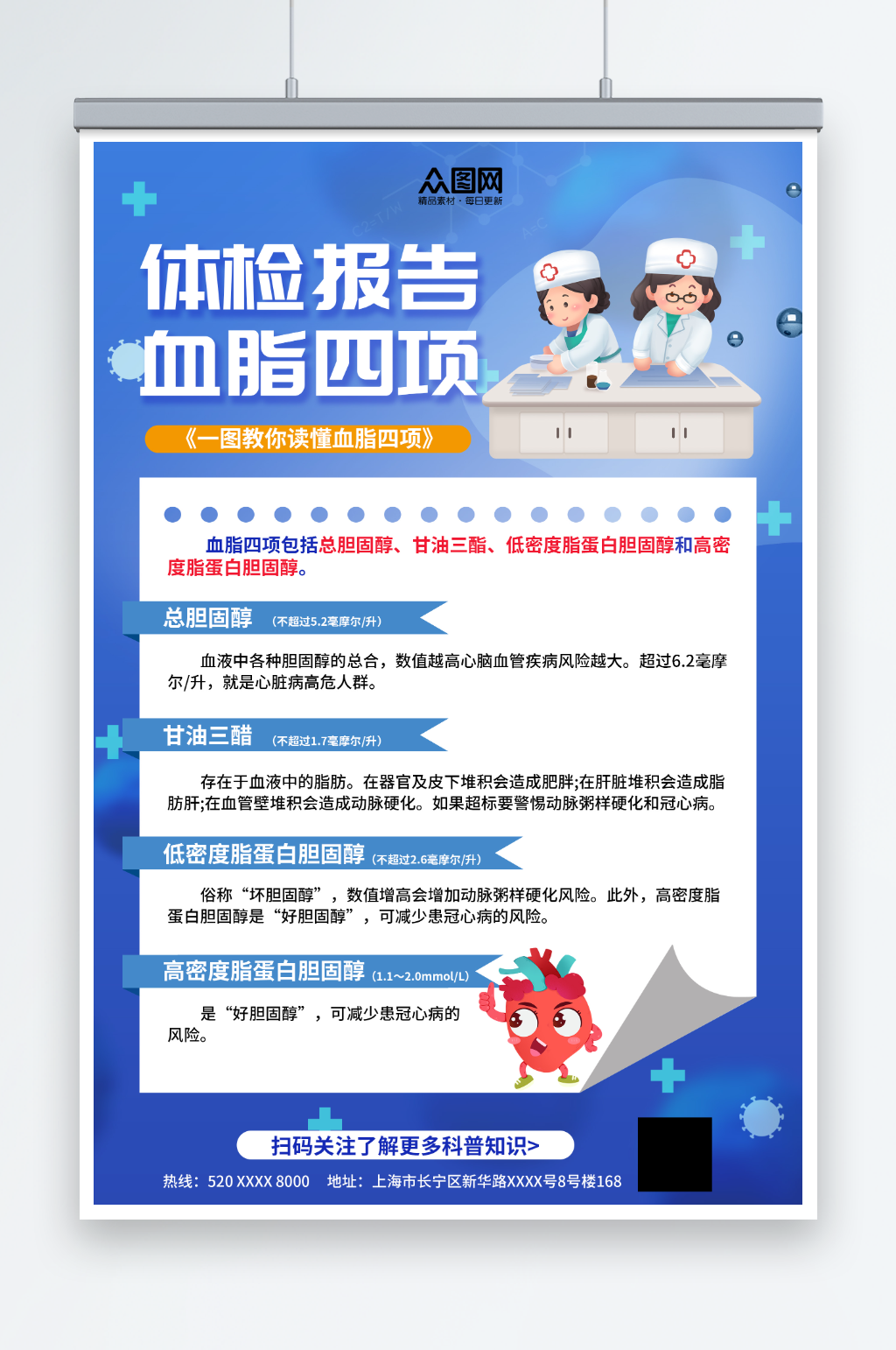 蓝色血脂四项科普知识医疗海报素材