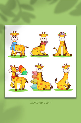 长颈鹿卡通小动物合集元素插画