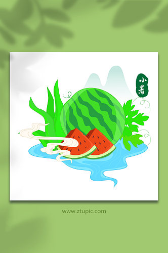 夏季国潮小暑节气吃西瓜食物插画
