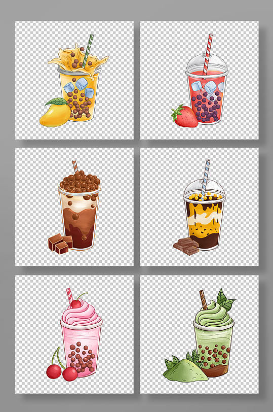 手绘夏日饮品果茶奶茶元素插画-众图网
