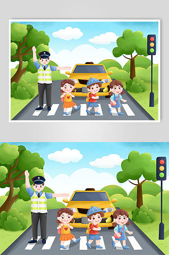 手绘交警指挥小学生过马路交警人物交通插画