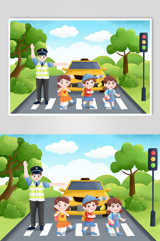 手绘交警指挥小学生过马路交警人物交通插画