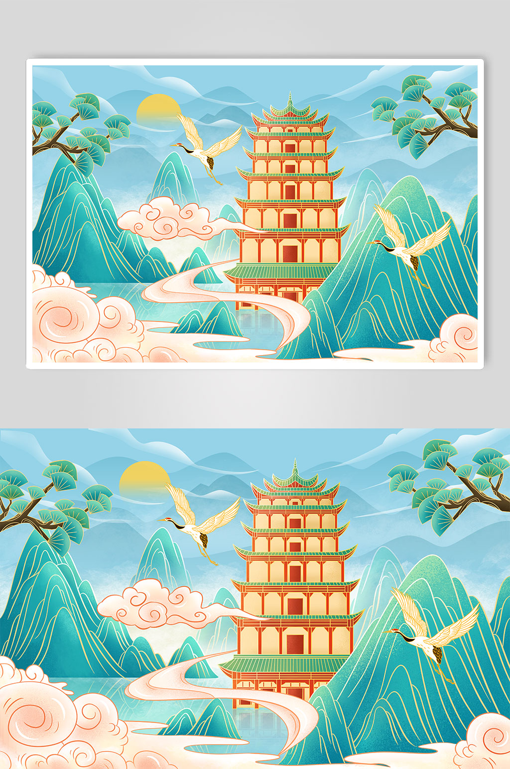 国风线性莫高窟甘肃地标建筑插画素材