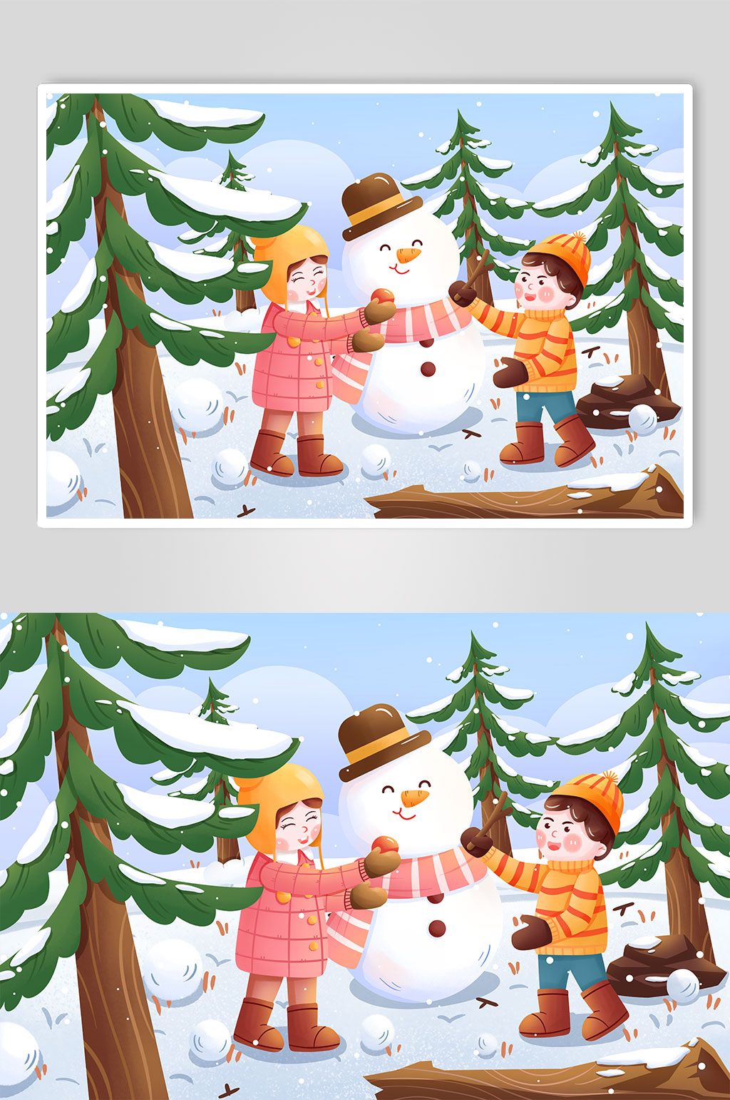 小清新风格手绘堆雪人立冬节气人物插画素材