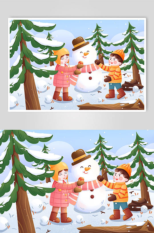小清新风格手绘堆雪人立冬节气人物插画