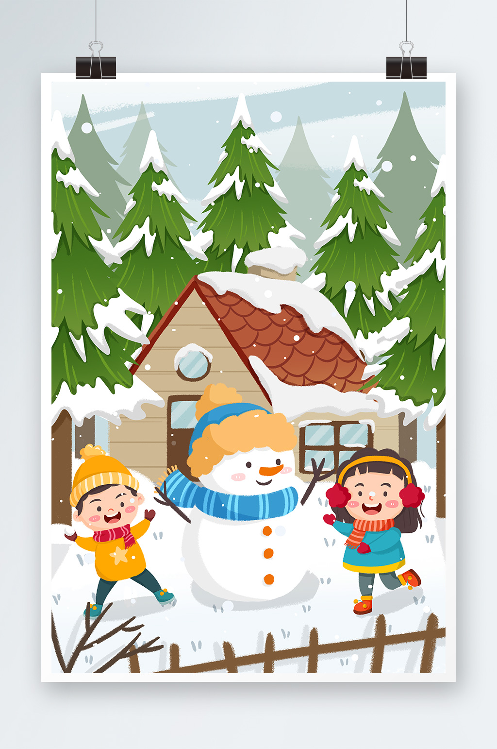 手绘卡通堆雪人小雪节气人物插画素材