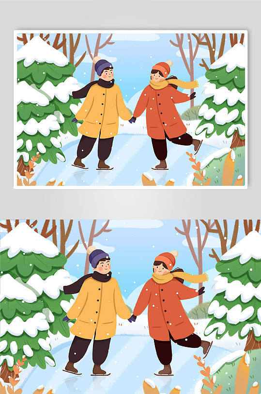 手绘卡通冬季滑冰小雪节气人物插画