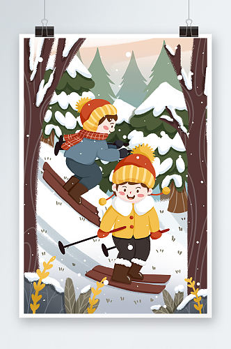 手绘卡通冬季滑雪人物插画